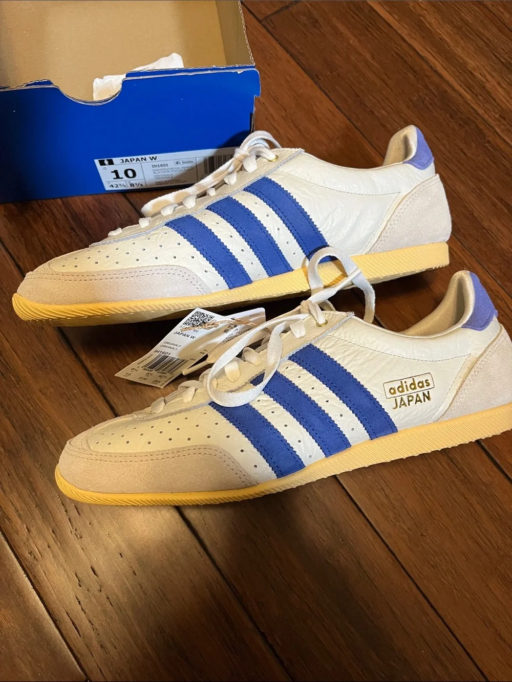 adidas womens japan White Leather Sneakers with Blue Stripes and Yellow Gum Sole